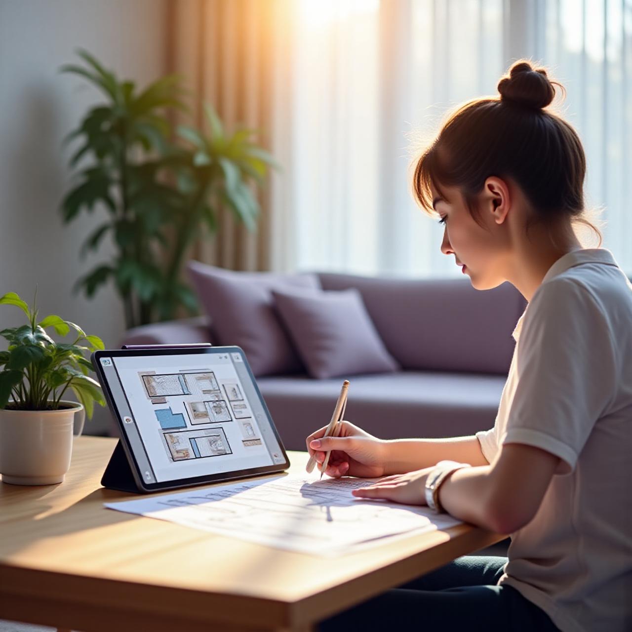 Homeowner sketching interior design plan on a tablet