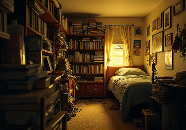 Dark cluttered studio apartment before