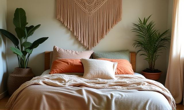 Boho chic bedroom with macrame and greenery
