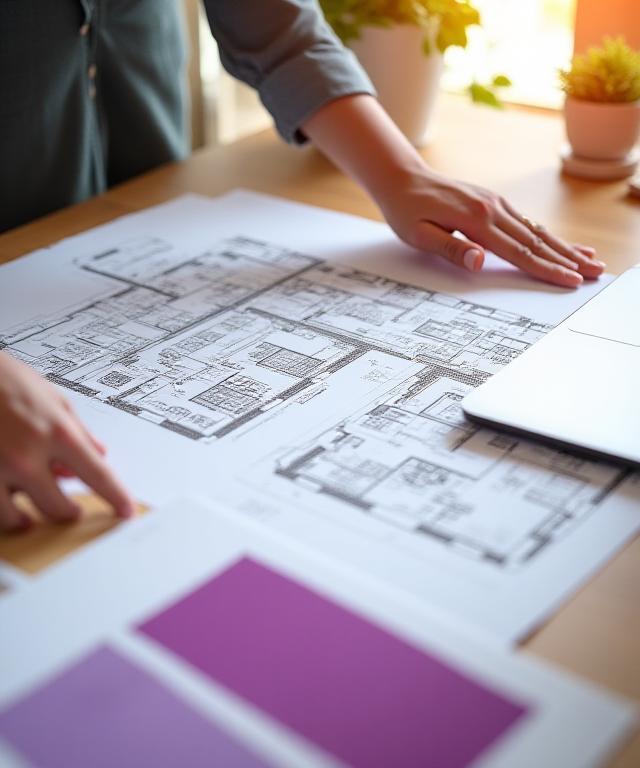 Interior designer reviewing floor plans and color swatches on a modern desk