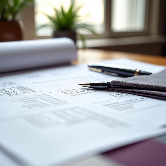 Stacked architectural blueprints and legal documents on a designer desk